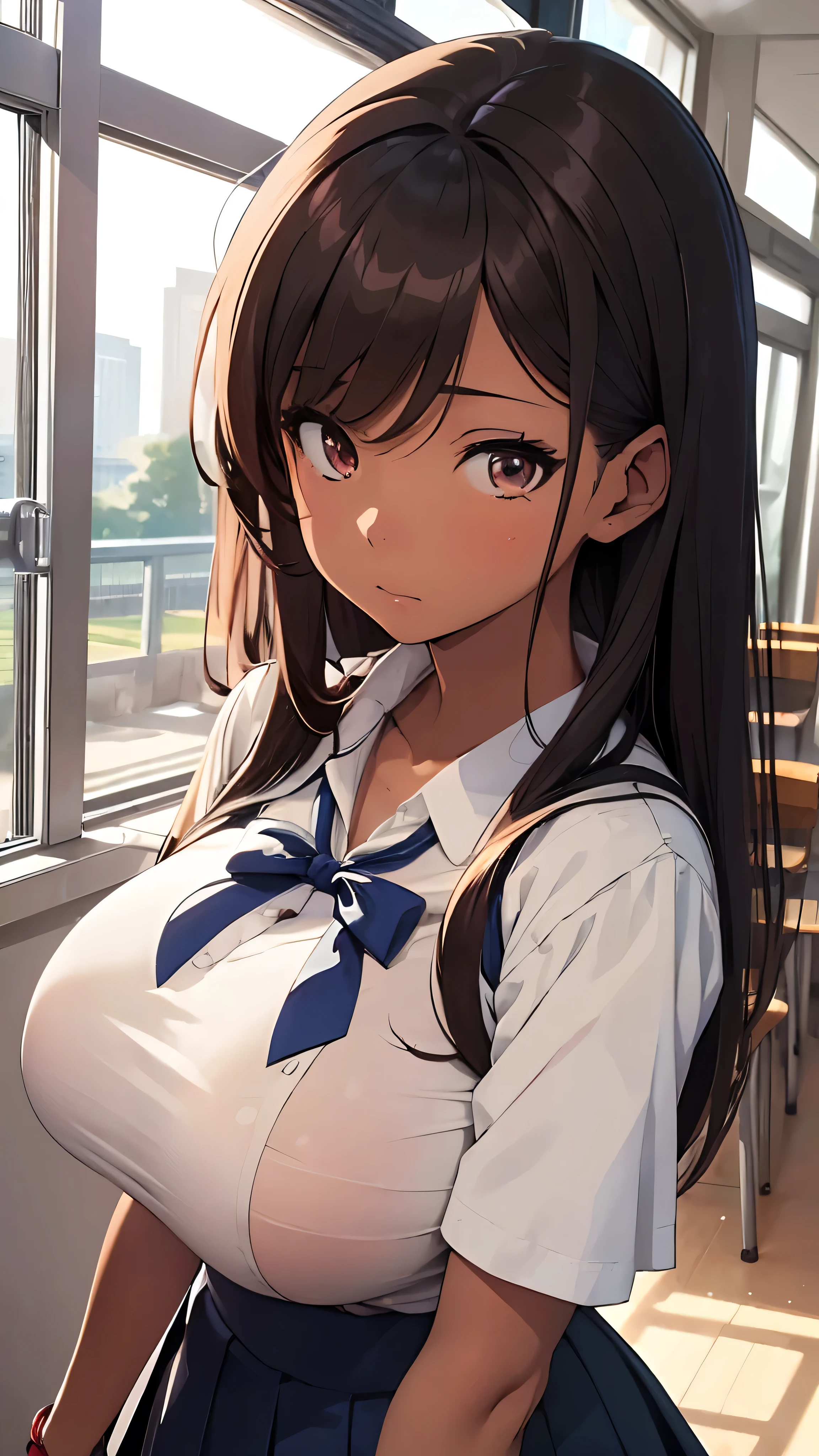 (masterpiece, Highest quality, anime:1.3), high school girl, Brown Skin, Captivating look, shy, There is a deep secret, Huge boobs, Audience_throw, Poozaki Sleep