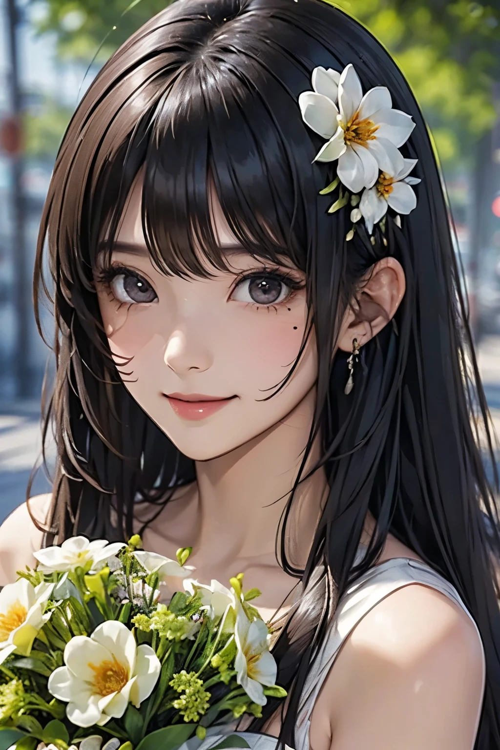 white、Ocean、Droopy eyes、Brown eyeballs on face、smile、1 female、Woman in a dress、Woman with long hair、Detailed face、Clear Face、((Best image quality))、Mole、bouquet、bride