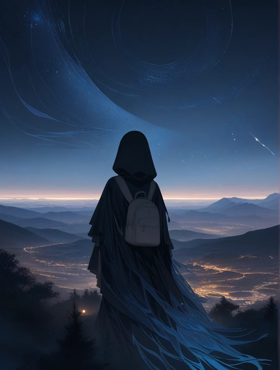 score_9, score_8_up, score_7_up, score_anime, masterpiece, top quality, delicate illustration, sharp lines, sharp focus, BREAK,Traveler girl wandering in the endless night world,girl wearing a hood,backpack full of stuff,night Otherworldly, Fantastic scenery, Beautiful landscape, Harmony with nature, Spectacular view, ((dark)), Scenery that no one has ever seen before