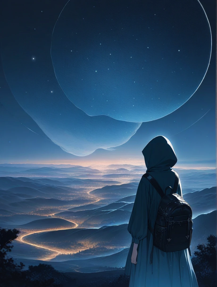 score_9, score_8_up, score_7_up, score_anime, masterpiece, top quality, delicate illustration, sharp lines, sharp focus, BREAK,Traveler girl wandering in the endless night world,girl wearing a hood,backpack full of stuff,night Otherworldly, Fantastic scenery, Beautiful landscape, Harmony with nature, Spectacular view, ((dark)), Scenery that no one has ever seen before