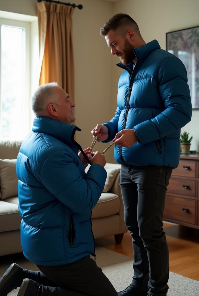 Create a hyper-realistic, males gay man BDSM image, high-resolution image showing two extremely seductive and handsome two males man together in a brightly lit living room. The wonderful and seductive uncle, aged 42, with short hair beginning to show signs of balding, is wearing dark pants and an open, *extremely shiny blue nylon puffer jacket* that exposes his slightly hairy chest and slightly prominent belly. He is kneeling on the floor, *wearing a collar around his neck*, being pulled by his gorgeous dominnering nephew, a 26 yo man with a naturally attractive physique, dressed in a formal shirt and casual pants, stands next to his wonderful submissive uncle. (((The *nephew pulls the collar with a confident and authoritative expression*, while the uncle, *kneeling*, looks up with a submissive expression))). The living room is natural high iluminate, with normal, comfortable decor that enhances the realism of the scene. The image should capture every detail with precision, emphasizing the interaction and contrast of roles between the two men with natural high ilumination highliging the realistic gay males man BDSM image. High resolution, Super detail, Best quality, Anatomically correct, Accurate.