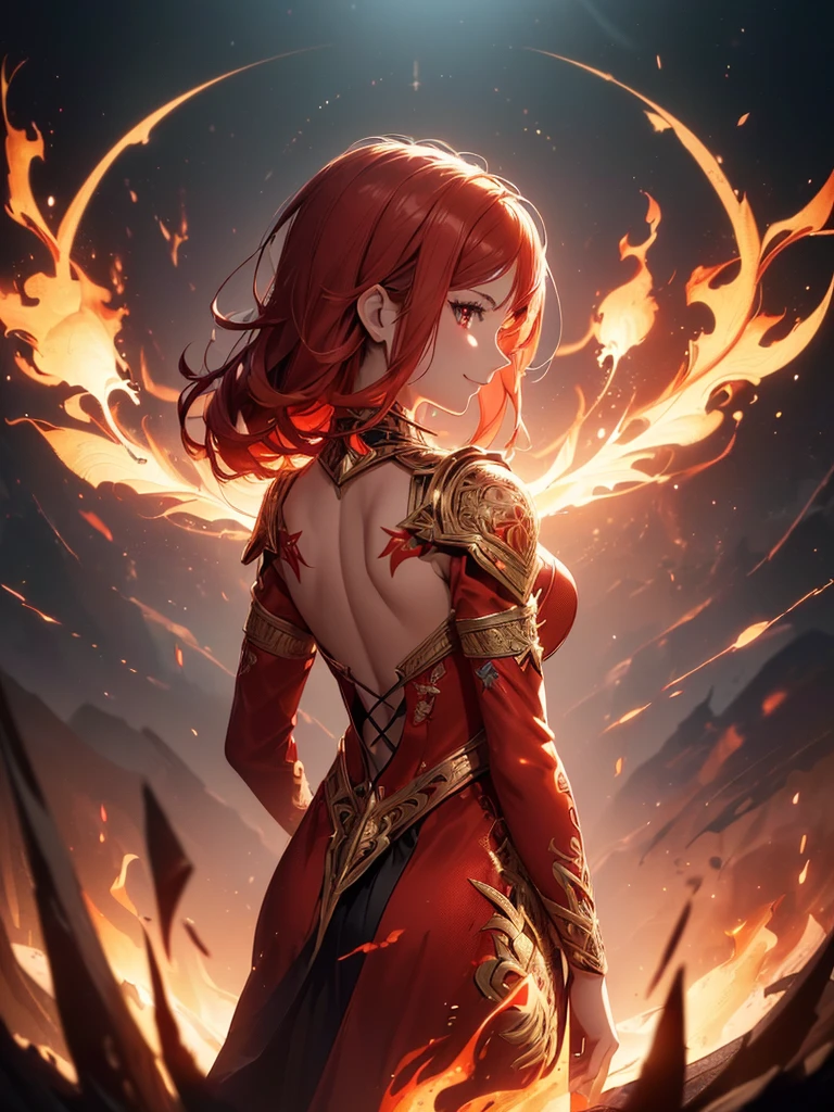 (((best quality, sharp image, clear image, cinematic lighting, 8k resolution, masterpiece, ultra detailed, intricate))) Girl, sorcerer, cute, intricate dress, smiling, fiery red, ((intricate background)), (rune frame), dimension, ((shot from behind)), fire sigils, chaotic background, ((half-body shot))