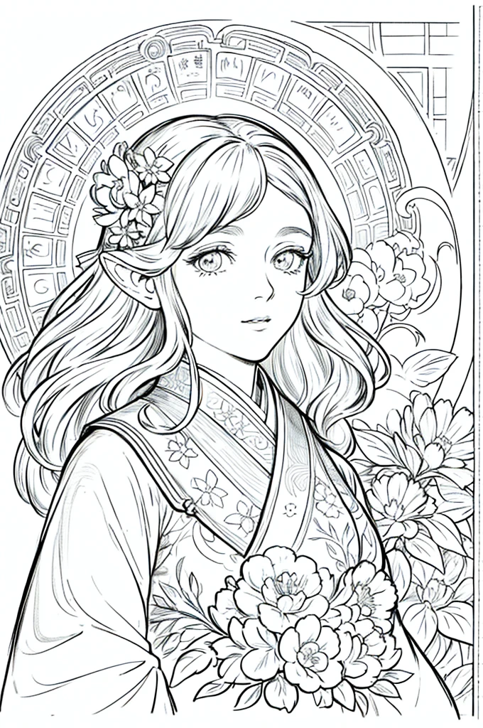 portrait of a European woman、long curly hair、blondes、flower frame、Decorative panel、abstract art by Alphonse Mucha、Sketched it out、Character Line、Scenes without color or shadows。 (masterpiece、top quality、a high resolution:1.4)、details、complex part、4K、line art、Fibonacci、masterpiece, superlative, fox ears, female ,, Close-up bust, Japanese cherry blossoms, Japanese kimono, Drawing a line background, White background, monochrome, Drawing a line, ((sketch))