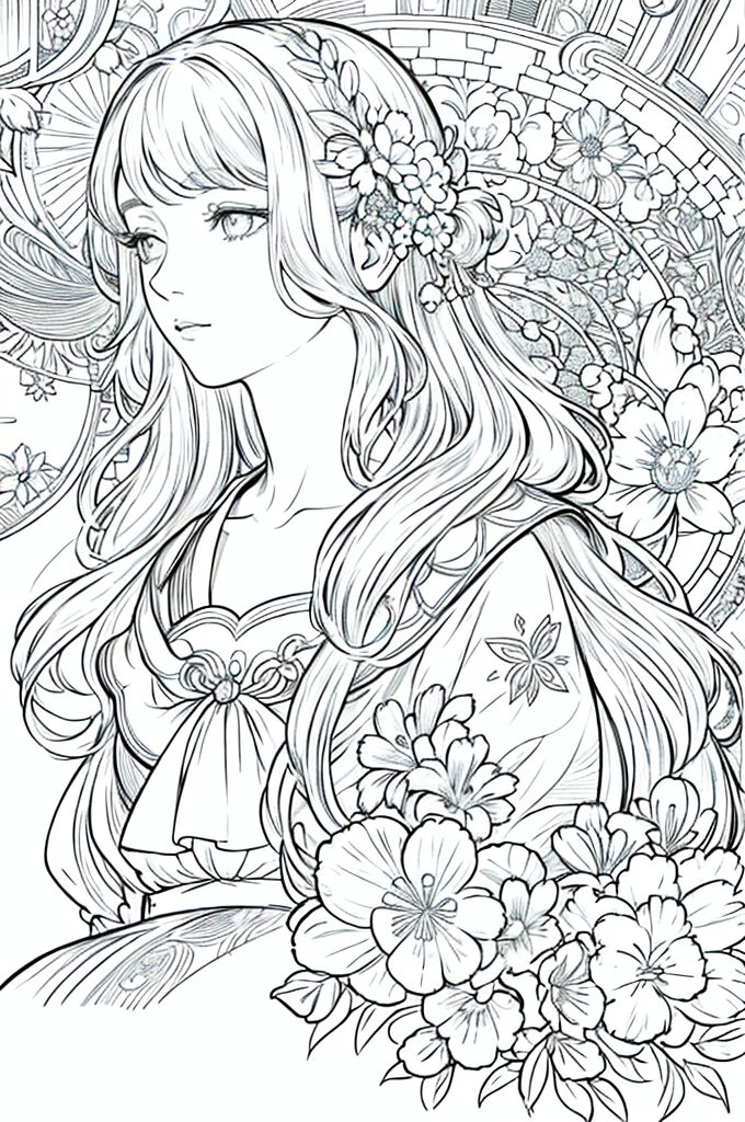 portrait of a European woman、long curly hair、blondes、flower frame、Decorative panel、abstract art by Alphonse Mucha、Sketched it out、Character Line、Scenes without color or shadows。 (masterpiece、top quality、a high resolution:1.4)、details、complex part、4K、line art、Fibonacci、masterpiece, superlative, fox ears, female ,, Close-up bust, Japanese cherry blossoms, Japanese kimono, Drawing a line background, White background, monochrome, Drawing a line, ((sketch))
