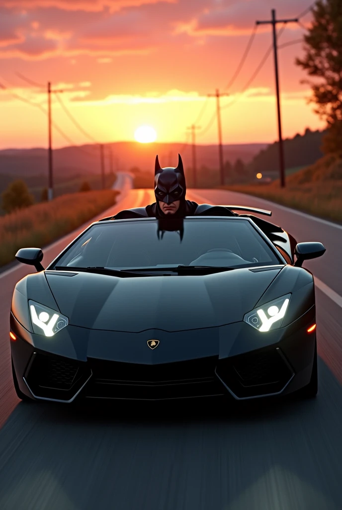 A Batman cosplayer in a sleek black Lamborghini speeding down a Maryland road at dusk, the sun setting with a blend of warm oranges, pinks, and purples, casting long, dramatic shadows, the Lamborghini's smooth contours highlighted by the fading light, cinematic lighting with high contrast --ar 16:9