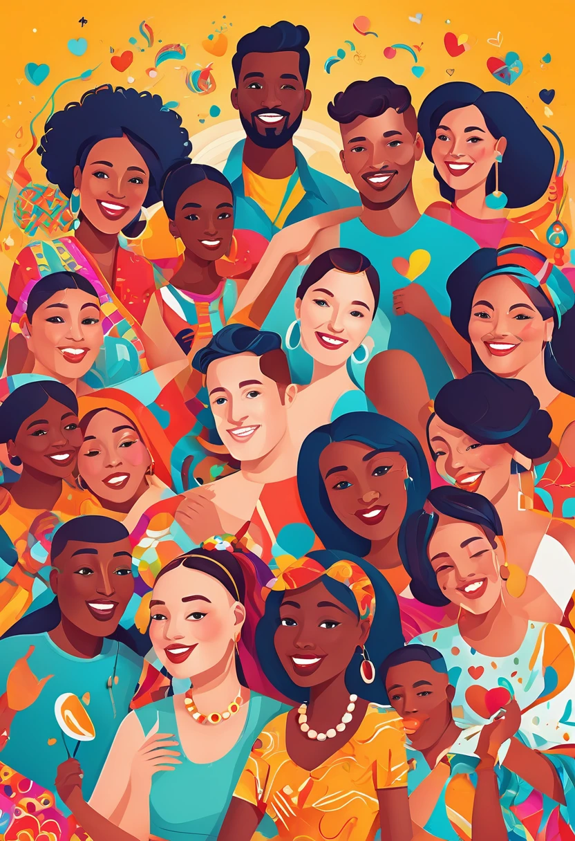 a detailed illustration of a group of diverse people celebrating World Sexual Health Day, flat design style, colorful, positive and inclusive, detailed facial features, detailed clothing and accessories, detailed background with symbolic elements, bright vibrant colors, dynamic composition, masterpiece, high quality, photorealistic