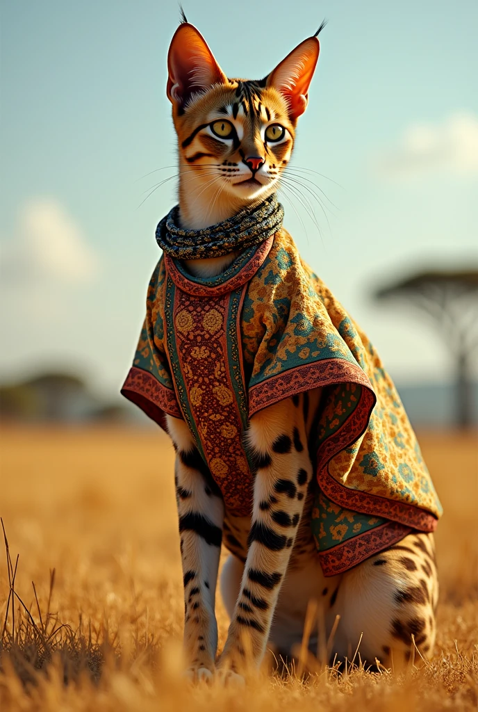   A regal Savannah cat dressed in a vibrant Nigerian Aso Oke ensemble, complete with a gele (headwrap), intricately patterned wrapper, and matching blouse. The cat strides confidently on two legs, radiating cultural pride.