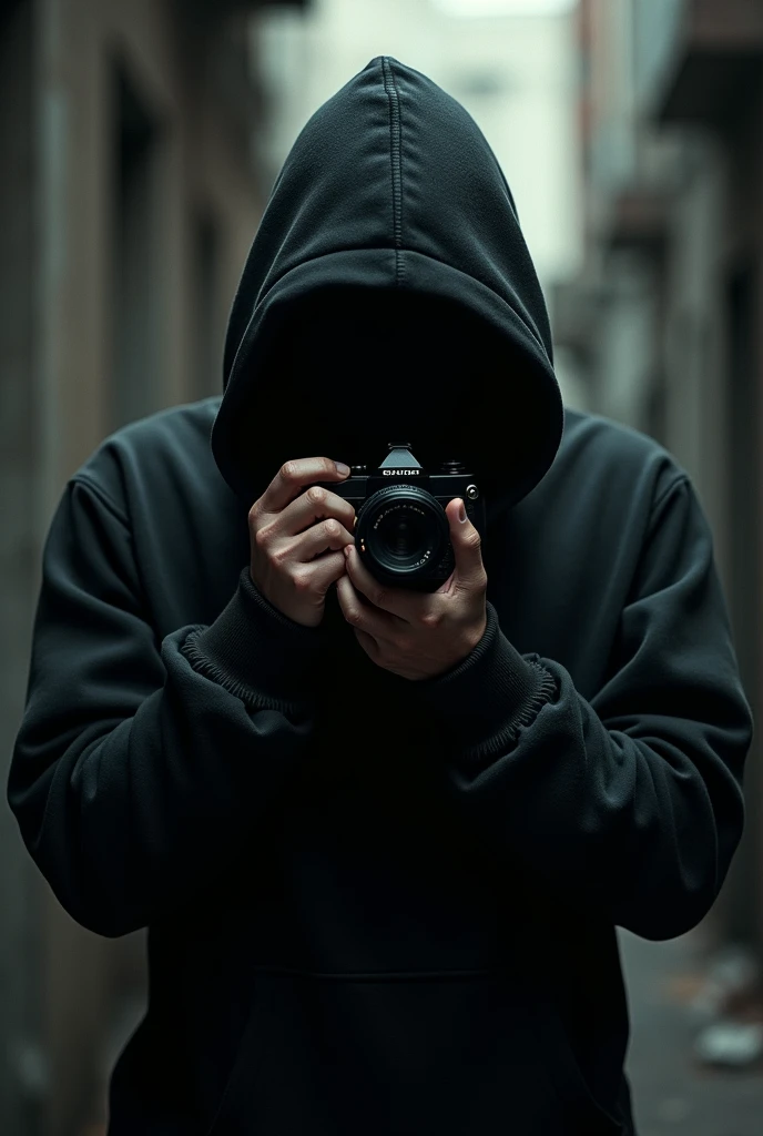 mystery guy with hoodie and arrow. holding camera to take photos 