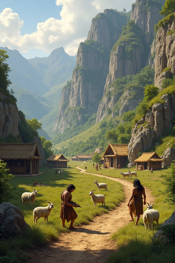 A small settlement where early agricultural practices are beginning to emerge. People are depicted planting seeds and domesticating animals, such as goats or sheep. Nearby, artists are creating symbolic cave paintings or carvings that represent their early beliefs and practices.
