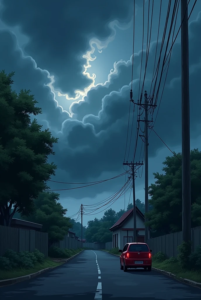 The image is a digital illustration of a street scene with a large stormy sky. The sky is filled with dark, ominous clouds that are covering most of the sky. In the center of the image, there is a small house with a blue roof and a red car parked in front of it. The house is surrounded by trees and bushes, and there are power lines running along the street. The street is empty, with no cars or people visible. The overall mood of the illustration is ominous and foreboding make it look like anime.