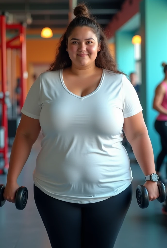A overweight Girl, white t-shirt, black legging, wear shoes, looking viewer, facing the viewer, hand lifting weights, trying to loose weight, back ground at many colored gym.