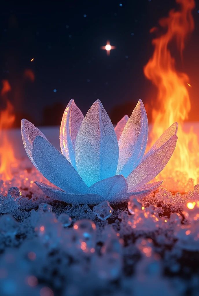 In the center of the red-hot flames、Ice flowers are blooming beautifully.。The ice flowers are a clear blue、The contrast between fire and ice is visually striking.。In the background is a black night sky、A shining star in the distance々is dotted with。