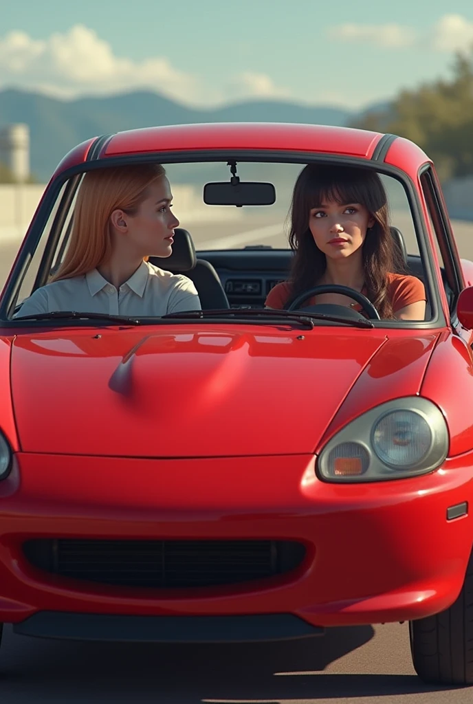 In Red car two people set in bonot