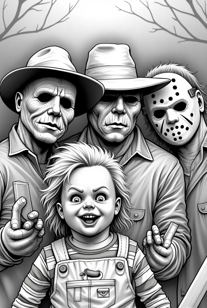 Freddy Krueger Jason Voorhees Michael Myers Leatherface Chucky Saw All Together Coloring Page