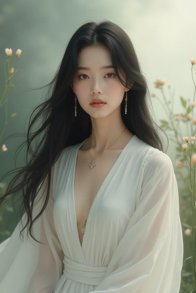 advertising photo,HD,high resolution,highly saturated,pure black background,chinese girl,black hair color hair,big eyes,soft skin,wearing a white dress,