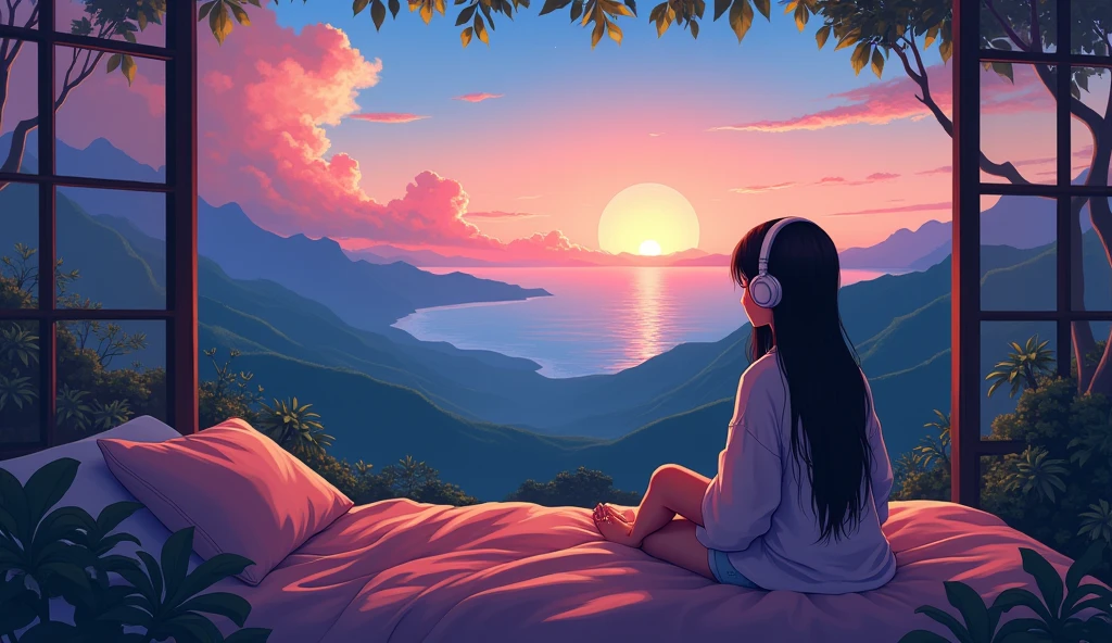 Quiet morning,Unkai Terrace,debt/4.0,135mm,Shot with Canon EOS R 6,- Pun Terrace at the top odebt the mountain,masterpiece,Highest qualityアート壁紙 4k, anime art wallpaper 4k, anime art wallpaper 8 k, anime background art, Lofi Color, Lofi Art, anime asthetic,masterpiece, Highest quality, Rainbow Style, anime, Beautiful Asian Girl, Along the Hawaiian Coast, Cute and dreamy,anime,Illustrator,LOFI Girl, Blues,landscape,sunset, night、Girl listening to music in a cozy room, Use headphones,