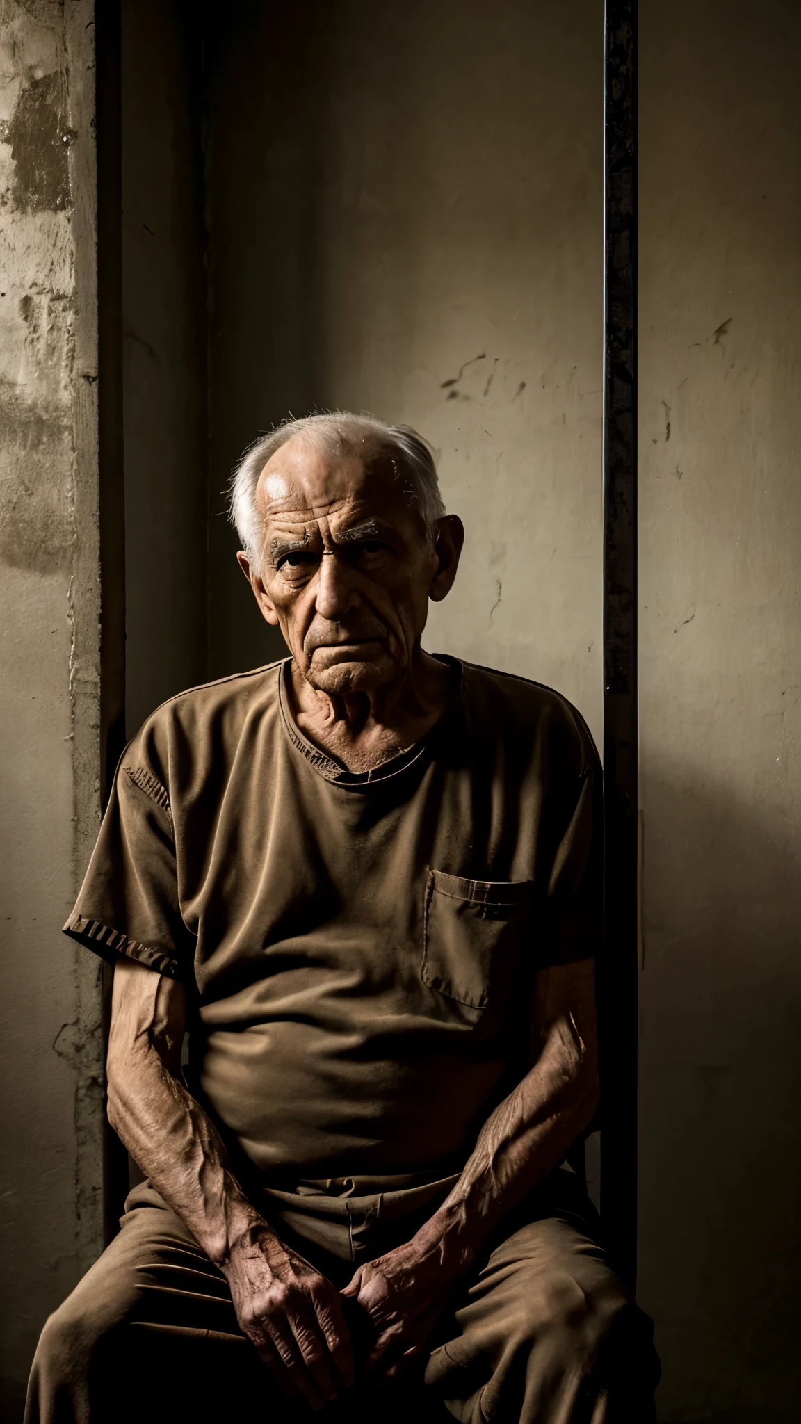 ."Illustrate a contrast between the frail, elderly man in his prison cell and flashbacks of his brutal actions. Show him seated, pretending to be weak, but also intersperse violent scenes from his past, such as strangling his victims. The prison cell should be dimly lit, cold, and unwelcoming."