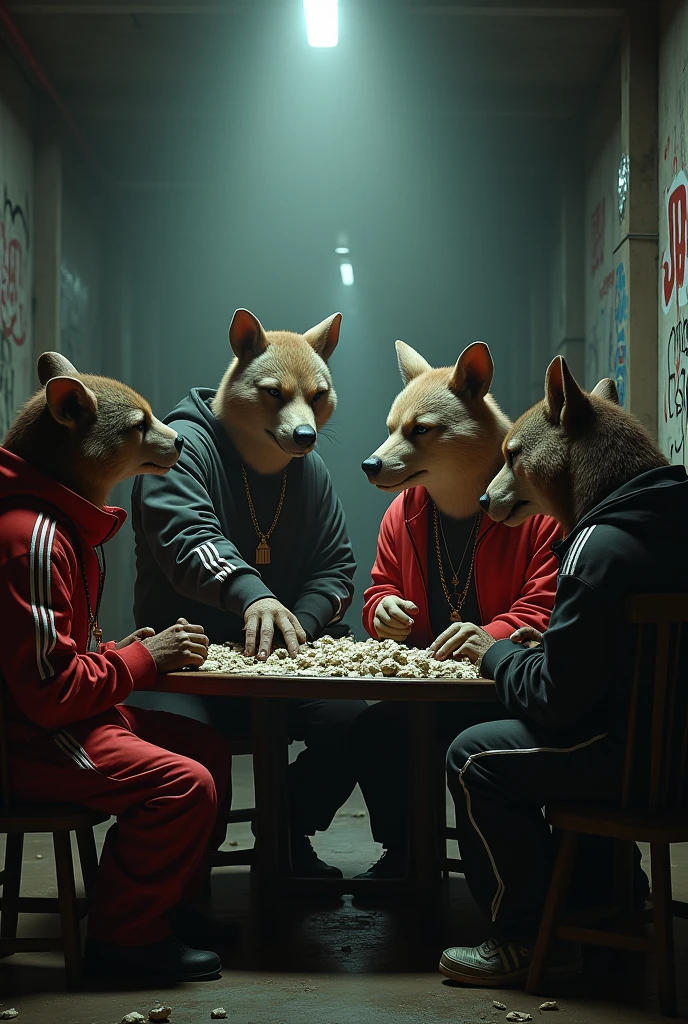 Mafia animals thug in tracksuits selling drugs realistic, real, high resolution detail, full photo like real