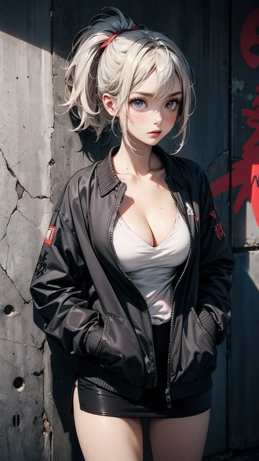 Angle from below, A woman with her hands in her pockets, Ash grey ponytail, Street Fashion, mini skirt, Exposed , Graffitied concrete wall, Anime Style, Digital Painting, (masterpiece, High resolution, Highest quality)