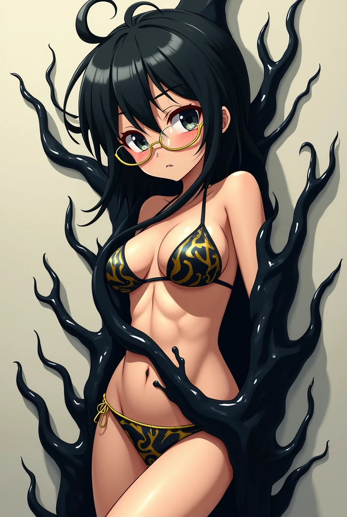 anime girl black blob short hair wearing gold glasses and bikini getting possession by luqid and doing werid pose