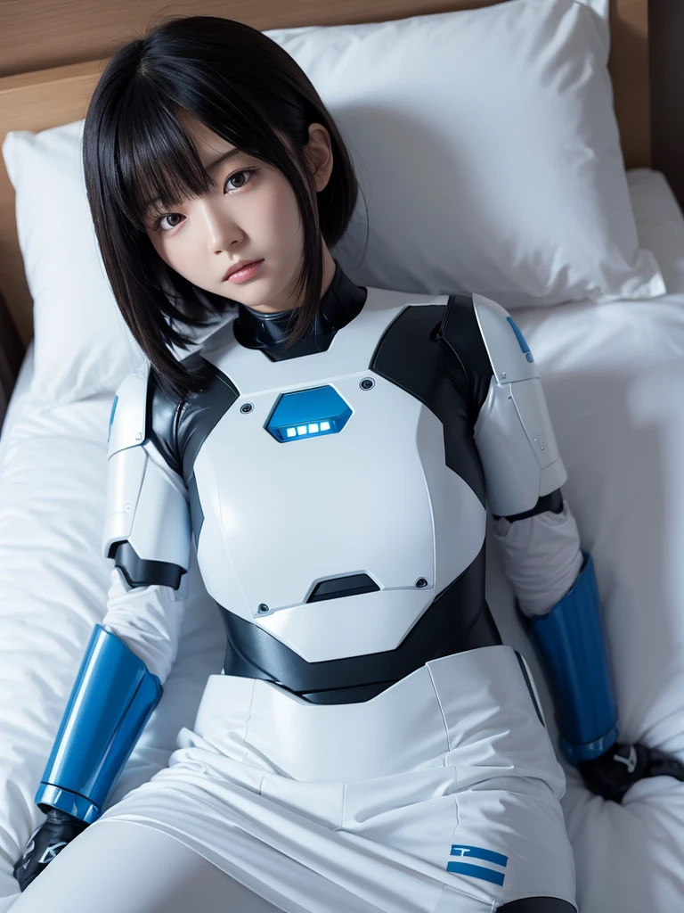 Japanese female android,Black Hair,White and blue robot suit,Plump,Sleeping soundly in bed at home