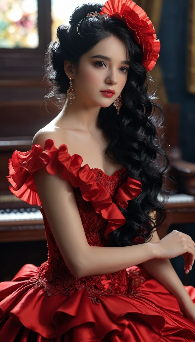 highly detailed, 8k, masterpiece, a girl, red ruffles_balck hair_tube, gown, bend_that's all , grin, (perfection_face), meeting, machine, Glittering, complex, dramatic lighing, 4K, detailed_backdrop, Etchant, full_Body, (surreal:1.3), bloom,(beautiful lighting:1.3), Etchant, dynamic lighting, beautiful lighting, (Dakota Fanning:0.5) High resolution, masterpiece, anatomically correct, best quality, uhd, super detailed, textured skin, Kurzes balck hair, big boobs, open mouth, smile, full body photography, full body shot,