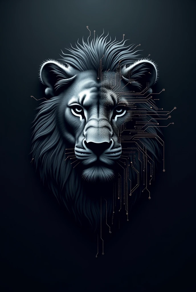 Logo of a cyber lion face with circuits on one side of the face