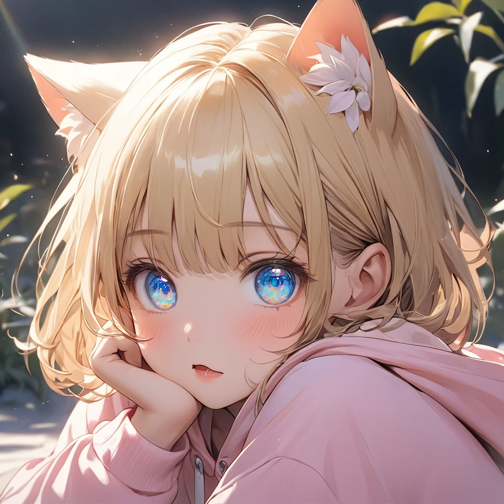 ((masterpiece)), ((Highest quality)), (Super Detail:1.2), (High resolution:1.3), ((Very detailed)), (8k), (Professional photography:1.2), (so beautiful:1.2), (Absurd:1.2), (Sharp focus), (Perfect light), (Cast a Shadow), (()), cute young Girl, Shiny straight hair, (Loose bangs), Blonde Hair, ((Short Hair)), Cat ears of the same color as the hair, Highlighted Hair, ((Face with raised eyebrows)), (Sparkling Eyes), Short Hair, Big eyes, Bright blue eyes, (Beautiful jewel-like eyes), blush, ((Triangular mouth)), (cute cheeks), Glossy Lips, Pouting, Sagging under the eyes, (Lower eyelashes), break, ((Highest quality)), (Oversized loose pink hoodie), exposed left shoulder, ((Place both hands on cheeks)), (colorful), cute makeup, ((colorfulなパステルカラーの壁を背景に)), cute, (Beautiful lily painting), (Detailed Background:1.2), (up to date), Clear lines,Face close-up