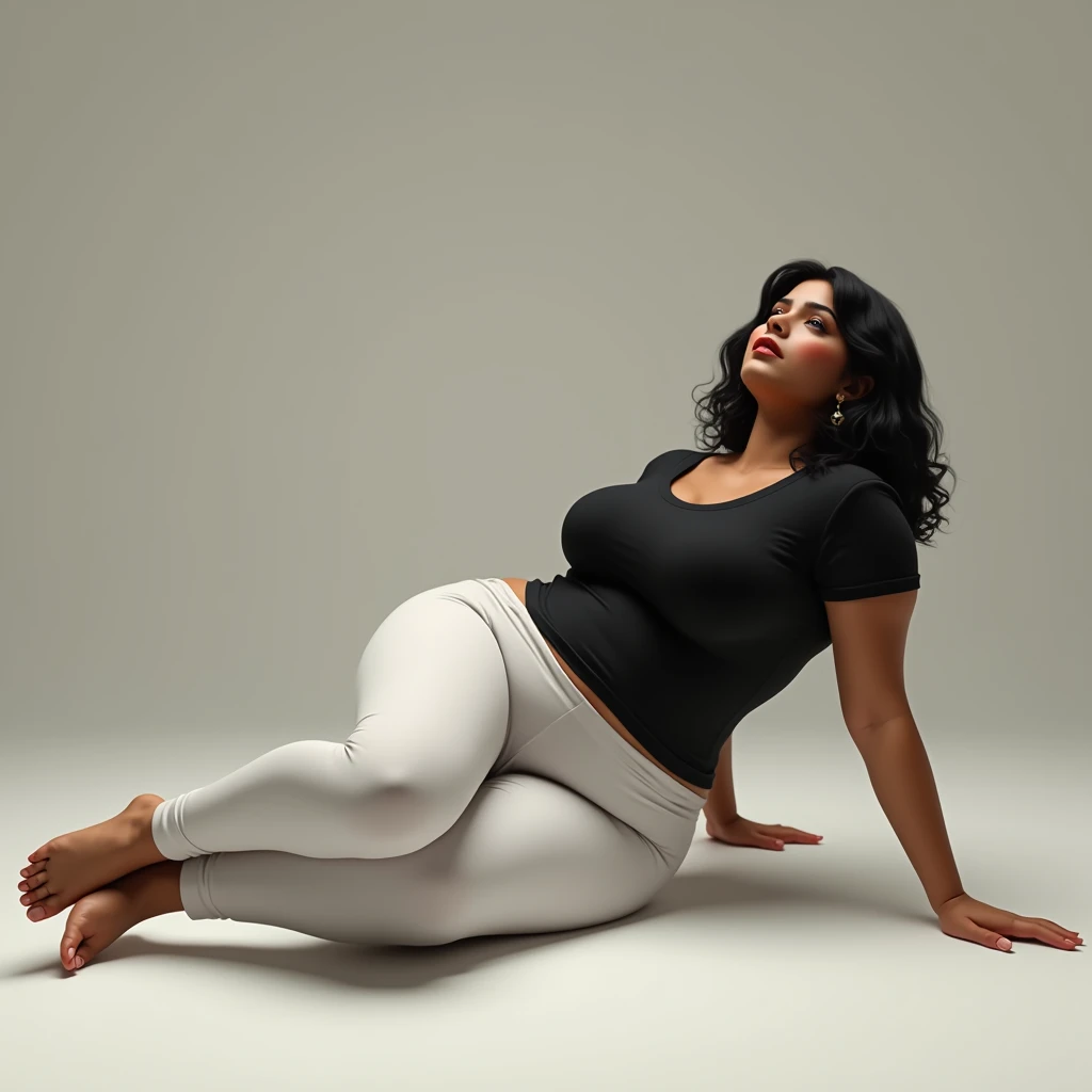 (photorealism:1.2, realistic),beautiful indian women, with Big breast, Big ass, wide hips, thick thighs, medium black hair, wearing black t shirt and white leggings, laying on the floor with arms and legs wide open,looking at the celling