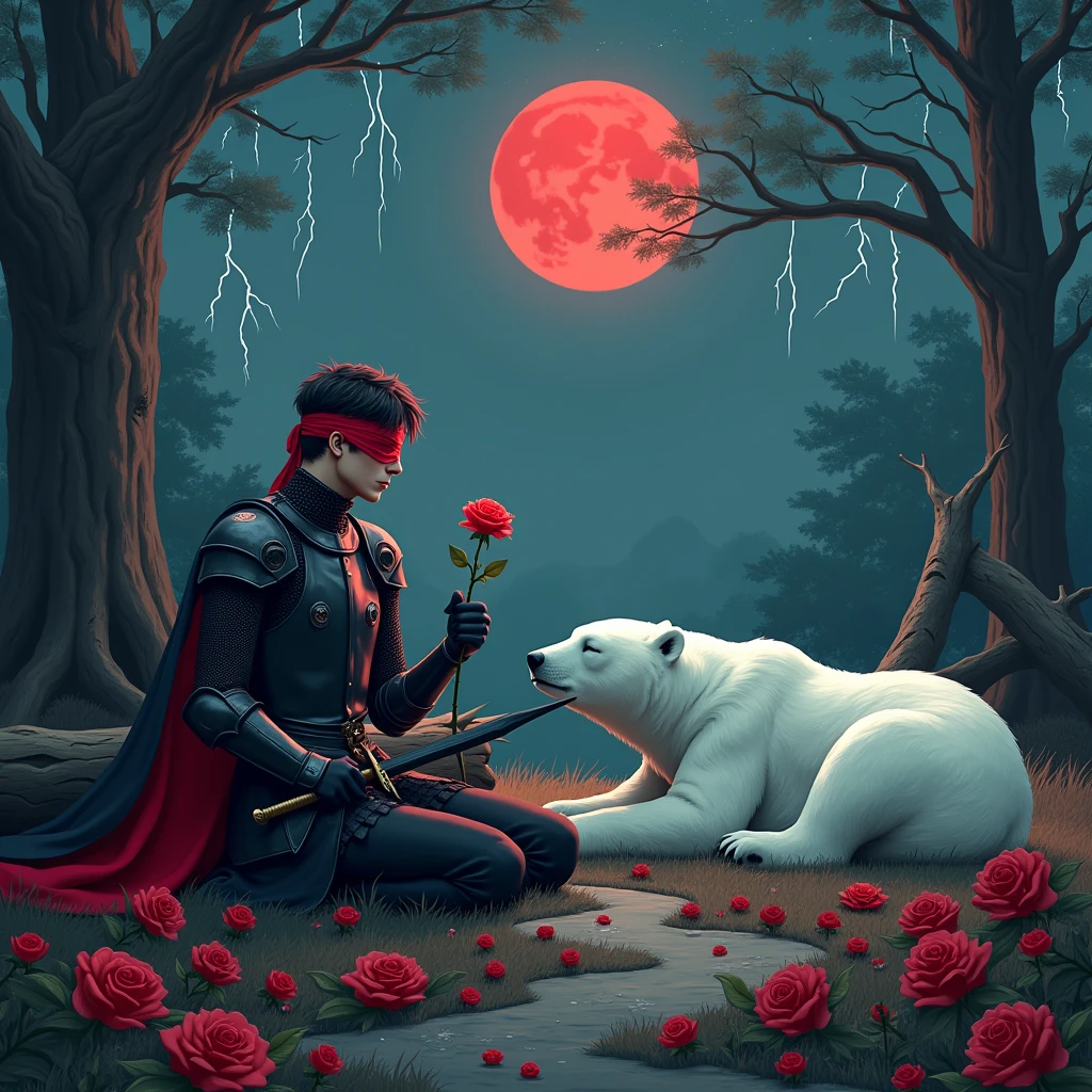 Male knight with a white hood with bear ears with sword behind his back sits on the ground towards a polar bear in a forest while the moon shines, many Roses cover the ground and lightning falls from the sky. The polar bear sleeps in front of the knight. Only the man wears a red blindfold. In the background of the picture is the blood moon and a tree has fallen down in the path. The forest is full of trees with leaves. The armor of the man is black and red roses decorate it. The knightholdshis swordin one hand and a rose in the other. The sky is full of stars.
