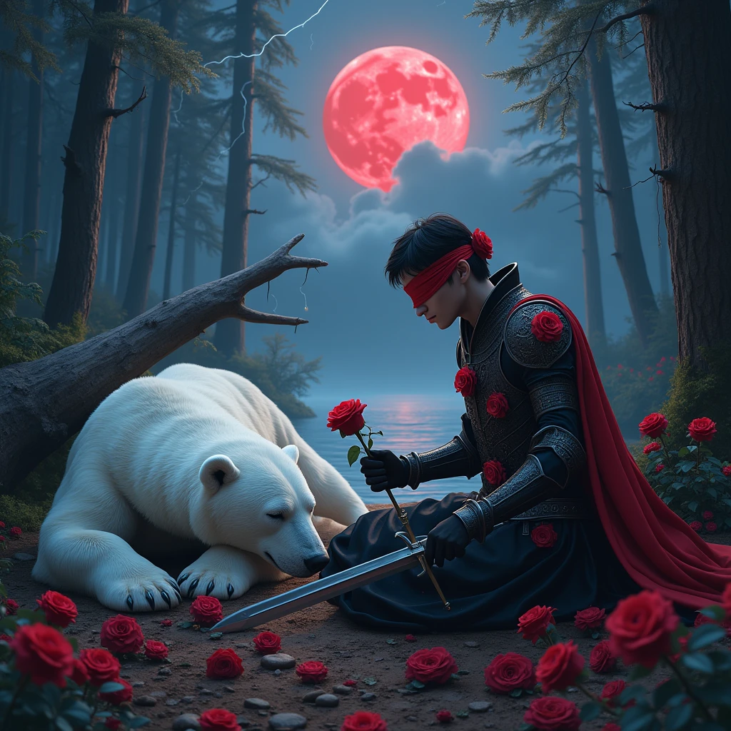 Male knight with a white hood with bear ears with sword behind his back sits on the ground towards a polar bear in a forest while the moon shines, many Roses cover the ground and lightning falls from the sky. The polar bear sleeps in front of the knight. Only the man wears a red blindfold. In the background of the picture is the blood moon and a tree has fallen down in the path. The forest is full of trees with leaves. The armor of the man is black and red roses decorate it. The knightholdshis swordin one hand and a rose in the other. The sky is full of stars. 
