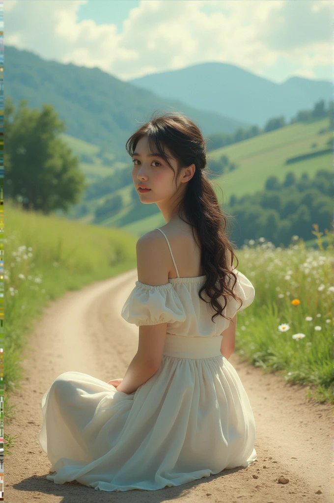 Beautiful girl sitting on  one road