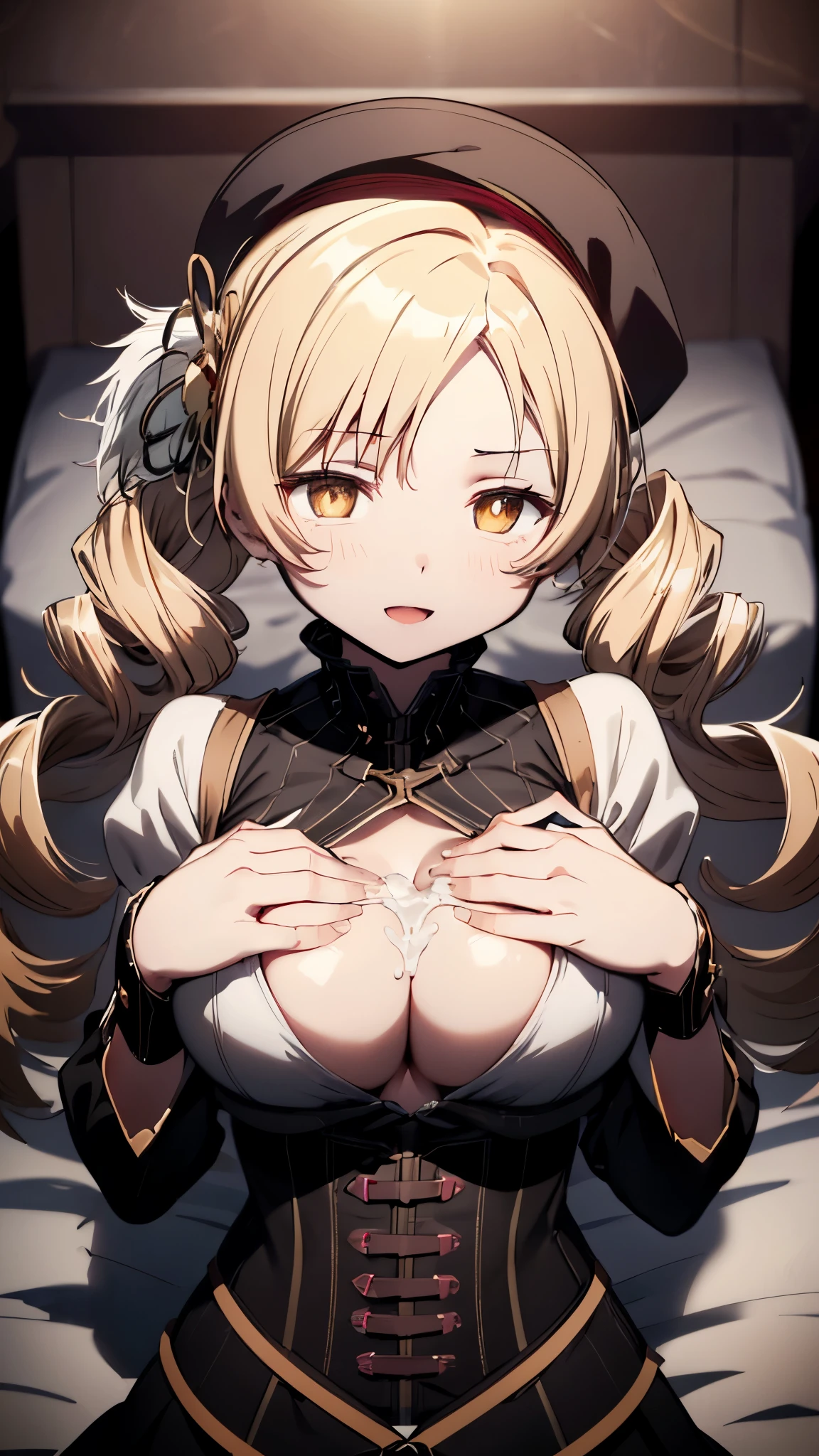 1girl, looking at viewer,breast focus,(upper body:1.5), (lying on bed:1.3), mami tomoe, magical girl,twin drills,beret, corset, smile,large breasts,cleavage,(open clothes),breast grab,(((paizuri,breasts blowjob,breast squeeze,paizuri under clothes:1.3))),open mouth,(cum in mouth,cum on breasts),masterpiece,Noise Reduction,perfect anatomy,high resolution, ultra-detailed, ultra-detailed face,game cg,dutch angle ,beautiful detailed eyes,visualart,five fingers, perfect hands, perfect lighting, sparkling pupils,
