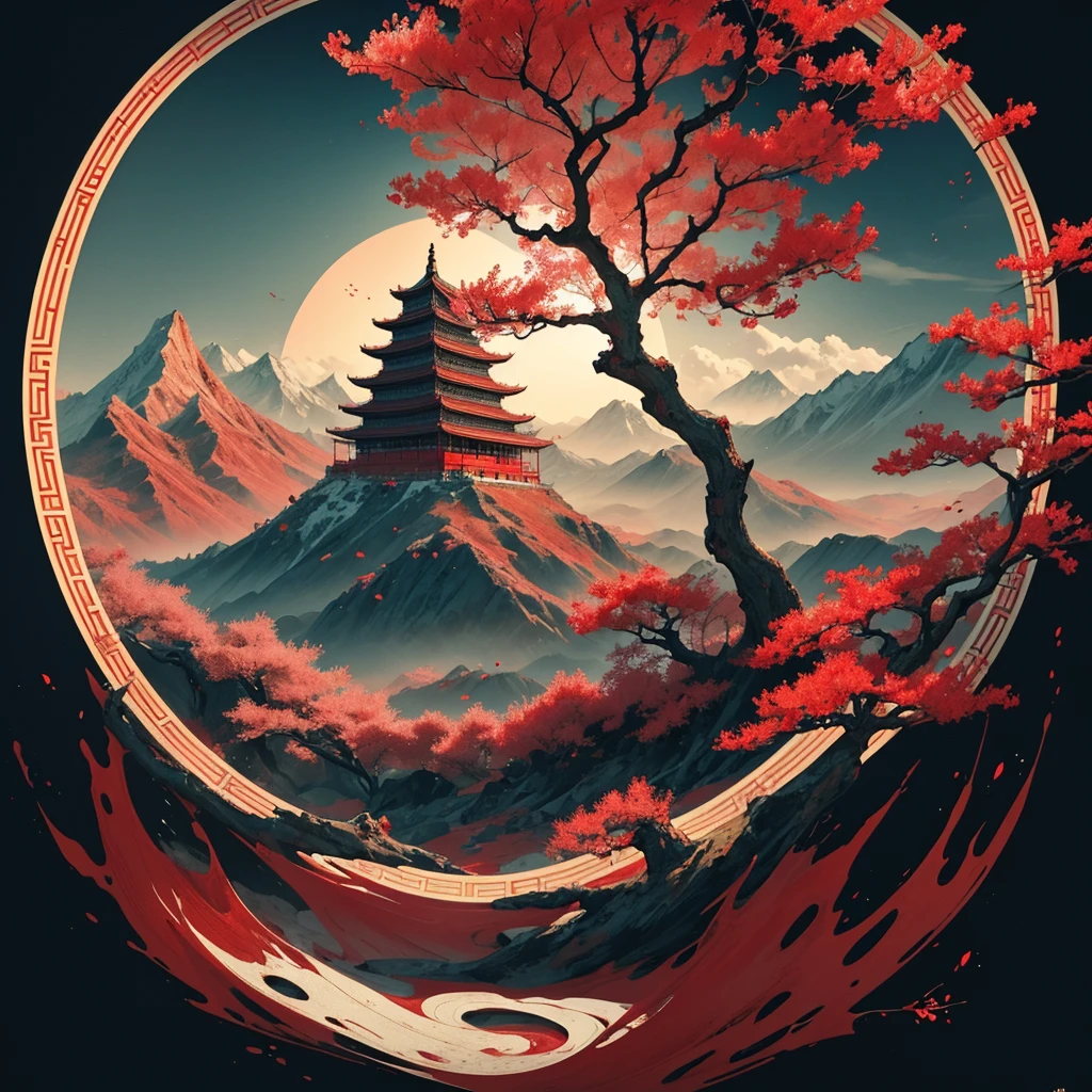 Chinese style, red and white color scheme, ink painting the tree surrounded by ancient Chinese calligraphy forming an abstract pattern of mountains, rivers and cherry blossoms. Red sun at the top center of the composition. High resolution, high quality, exquisite details, no text or letters. , in the style of high definition ink painting. --ar 3:4 --niji 6