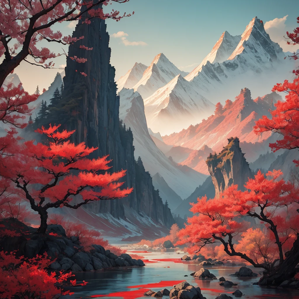 Chinese style, red and white color scheme, ink painting the tree surrounded by ancient Chinese calligraphy forming an abstract pattern of mountains, rivers and cherry blossoms. Red sun at the top center of the composition. High resolution, high quality, exquisite details, no text or letters. , in the style of high definition ink painting. --ar 3:4 --niji 6