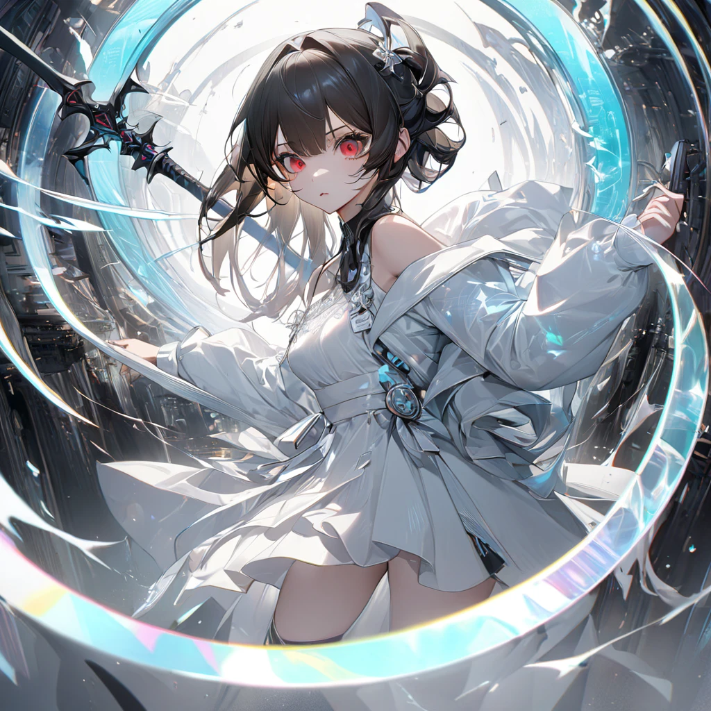 Highest quality, wonderful_delicate, wonderful delicate eyes, Super detailed, beautiful, 8k , One girl, Red eyes, evil, Facial Contour, Create Ultra High Resolution, Masterpiece quality image with white theme, Featuring a cute anime girl with long black hair in a cool pose, Attack with a high-tech sword. In this scene、A number of holographic swords appear to be floating in a circle..。, Each one has countless intricate parts, Set in a predominantly white cyberpunk environment. The scene is enriched with holographic elements and light particles.., Emphasizing futuristic and fantastical aesthetics. The image is、Capturing the essence of purity and sophistication with the finest quality and beauty, An ultra-detailed display of a girl and her holographic sword, Super-resolution visuals that highlight the intricate details of a scene.