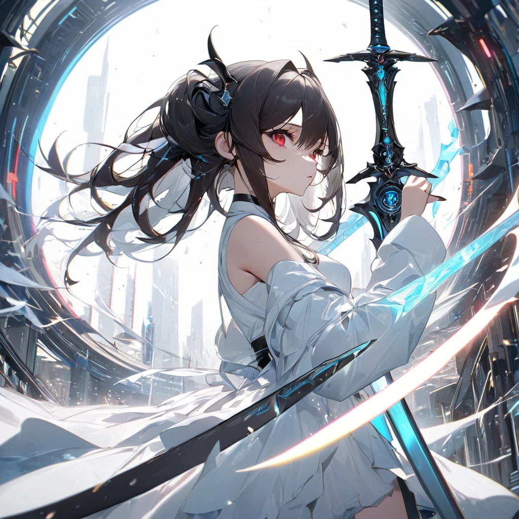 Highest quality, wonderful_delicate, wonderful delicate eyes, Super detailed, beautiful, 8k , One girl, Red eyes, evil, Facial Contour, Create Ultra High Resolution, Masterpiece quality image with white theme, Featuring a cute anime girl with long black hair in a cool pose, Attack with a high-tech sword. In this scene、A number of holographic swords appear to be floating in a circle..。, Each one has countless intricate parts, Set in a predominantly white cyberpunk environment. The scene is enriched with holographic elements and light particles.., Emphasizing futuristic and fantastical aesthetics. The image is、Capturing the essence of purity and sophistication with the finest quality and beauty, An ultra-detailed display of a girl and her holographic sword, Super-resolution visuals that highlight the intricate details of a scene.