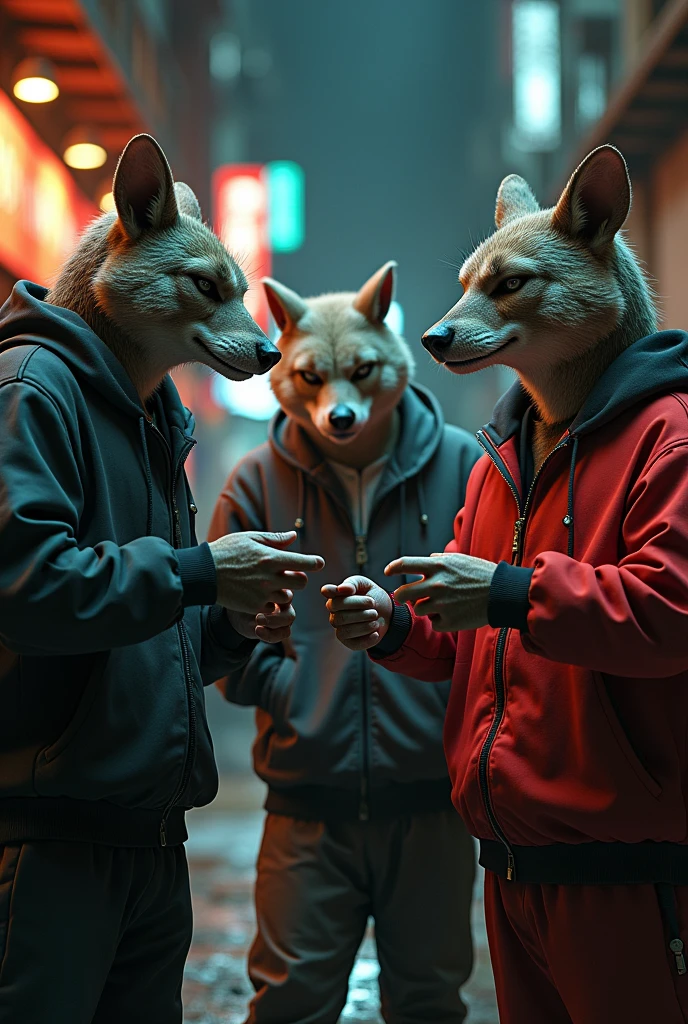 
Mafia animals thug in tracksuits selling drugs to a toxico un street realistic, real, high resolution detail, full photo like real