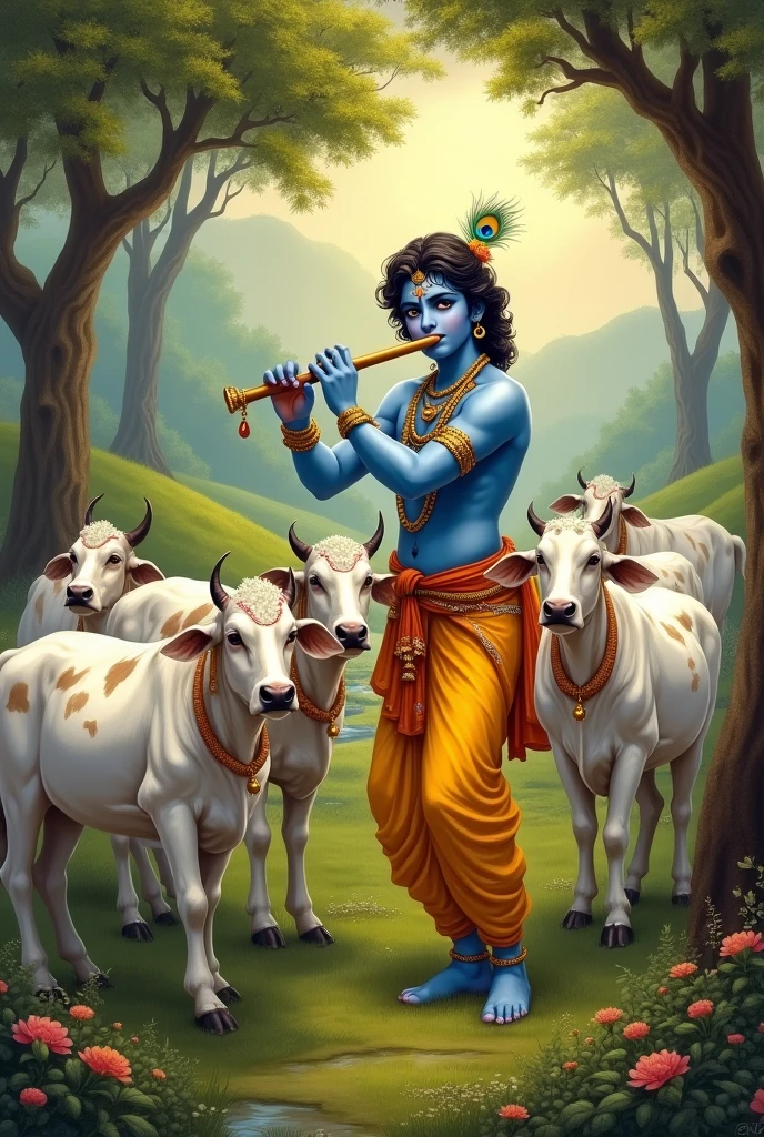 Krishna playing flute with 6 cow
