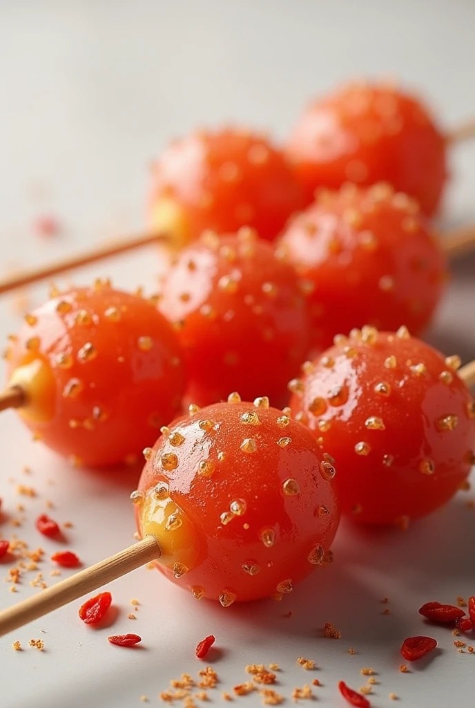 fruit, typically hawthorn berries, skewered on a stick and coated in a hard, caramelized sugar glaze. The result is a sweet, crunchy treat with a glossy appearance. satisfying texture contrast between the crispy candy coating and the fruit inside. Lastly with spread of chili flakes