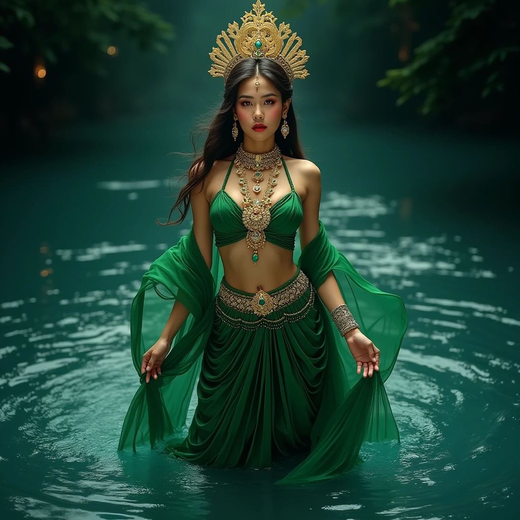 the best work of art, Kanjeng Ratu Kidul, Queen of the South Coast, beautiful woman, long hair blowing in the wind, smiling and somewhat serious face, wearing a small gold crown with a crystal arrangement in the middle, dark green kemben (camisole) luxurious jewelry, dark green shawl and cloth skirt batik sarong, smooth green and white, standing on blue water with waves and with a dramatic effect, surrounded by whirlpools, creating a mystical atmosphere, fractal art, bright and shining in the center with a dark background, water manipulation, intricate details, hyperrealistic, throughout body.UHD,HD,hyperdetail