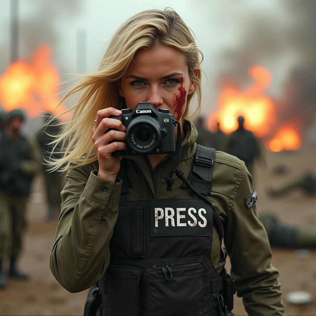 Blonde woman, press photographer with a camera with a telephoto lens no weapon on her, bulletproof vest written PRESS on it, blood on her clothes, war scene around her with explosions and whistling bullets, bodies on the ground, soldiers with weapons around her