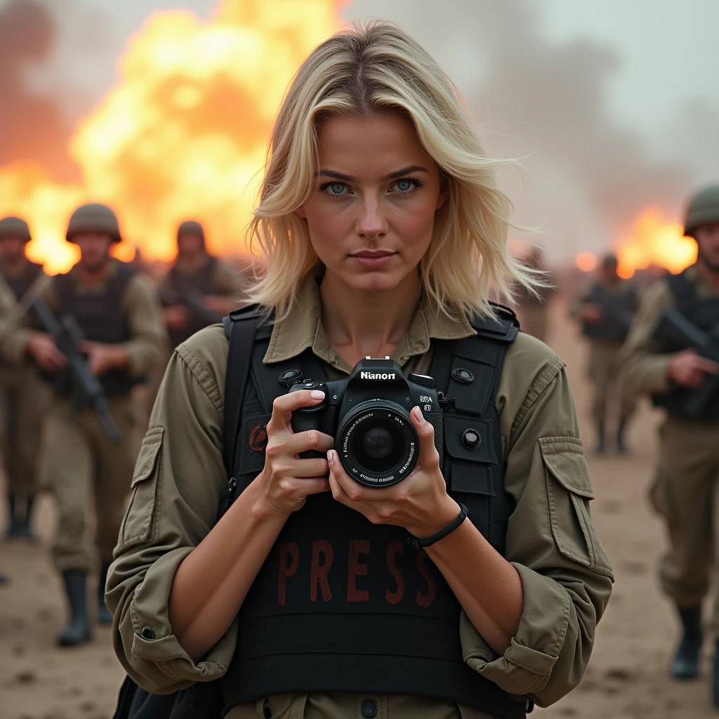 Blonde woman, press photographer with a camera with a telephoto lens no weapon on her, bulletproof vest written PRESS on it, blood on her clothes, war scene around her with explosions and whistling bullets, bodies on the ground, soldiers with weapons around her
