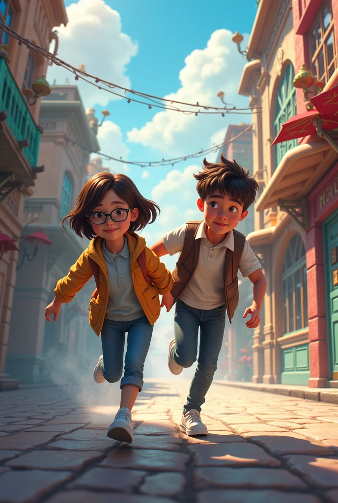 The older brother chases after a young woman with short brown hair, glasses, and a cheerful student look from the city of magic.
