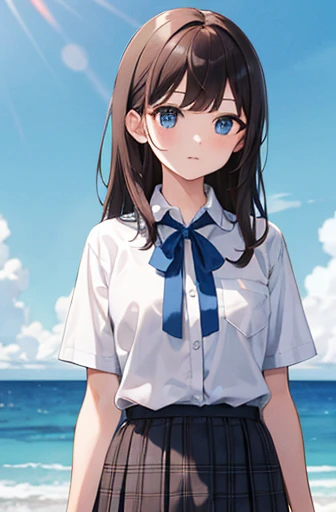 1 idle, Chocolate brown hair, Ocean Blue Eyes, Wearing an ocean blue checked skirt, Plain white button-up shirt with ocean blue ribbon , Absurd, High resolution, Super sharp, 8k, masterpiece