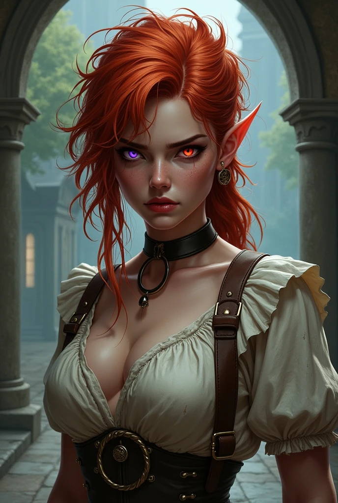 Femme de l'univers donjons et dragons. Apparence sauvage. Un peu sale. Cheveux roux. Yeux vairrons de couleur rouge et violet. Collier avec une bague autour du cou. Regard déterminé un peu en colère. Habillée en servante.
Pas de décolleté.