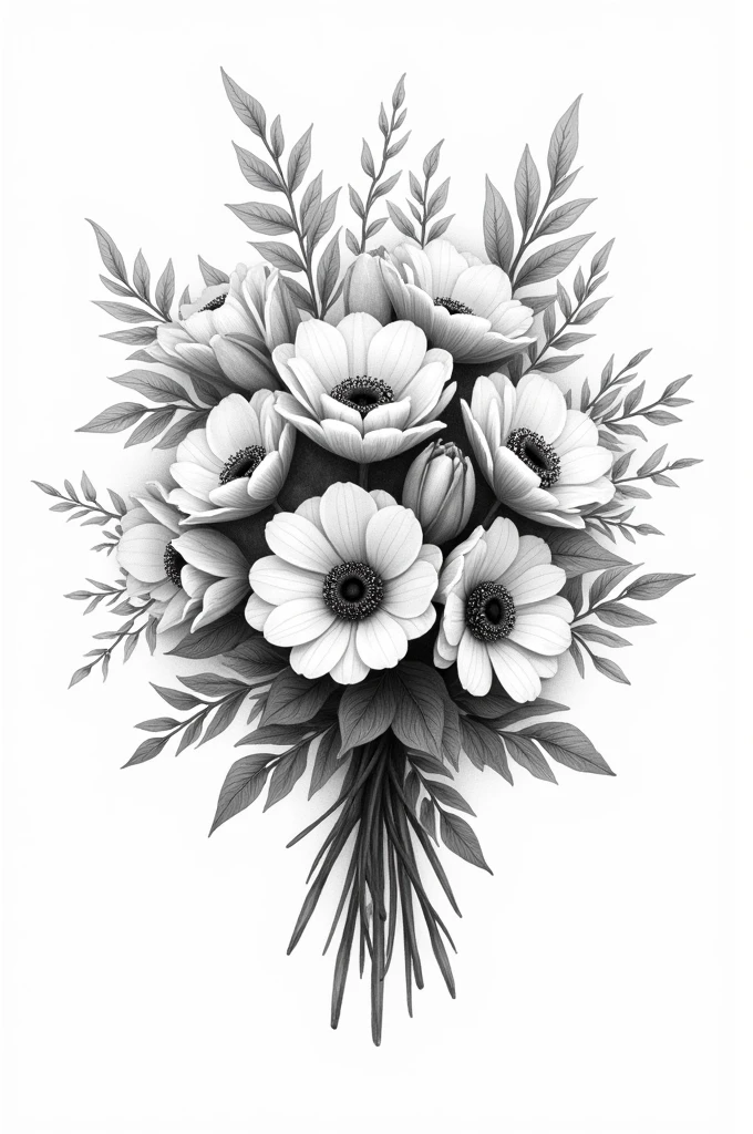create a black and white layout for drawing bouquet of flowers