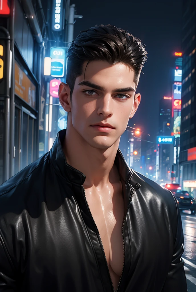 ((masterpiece)),((best quality)),((high detail)),((realistic,)), a tall handsome muscular man, solo, extremely detailed face and body, (shiny smooth skin), hot glow in his skin, perfect facial features, beautiful eyes, short hairstyle, sexy gaze, looking at the viewer romantically, Futurist era city, architectural streets, futuristic train lines, cyberpunk, buildings, night, European city, rainy, neon