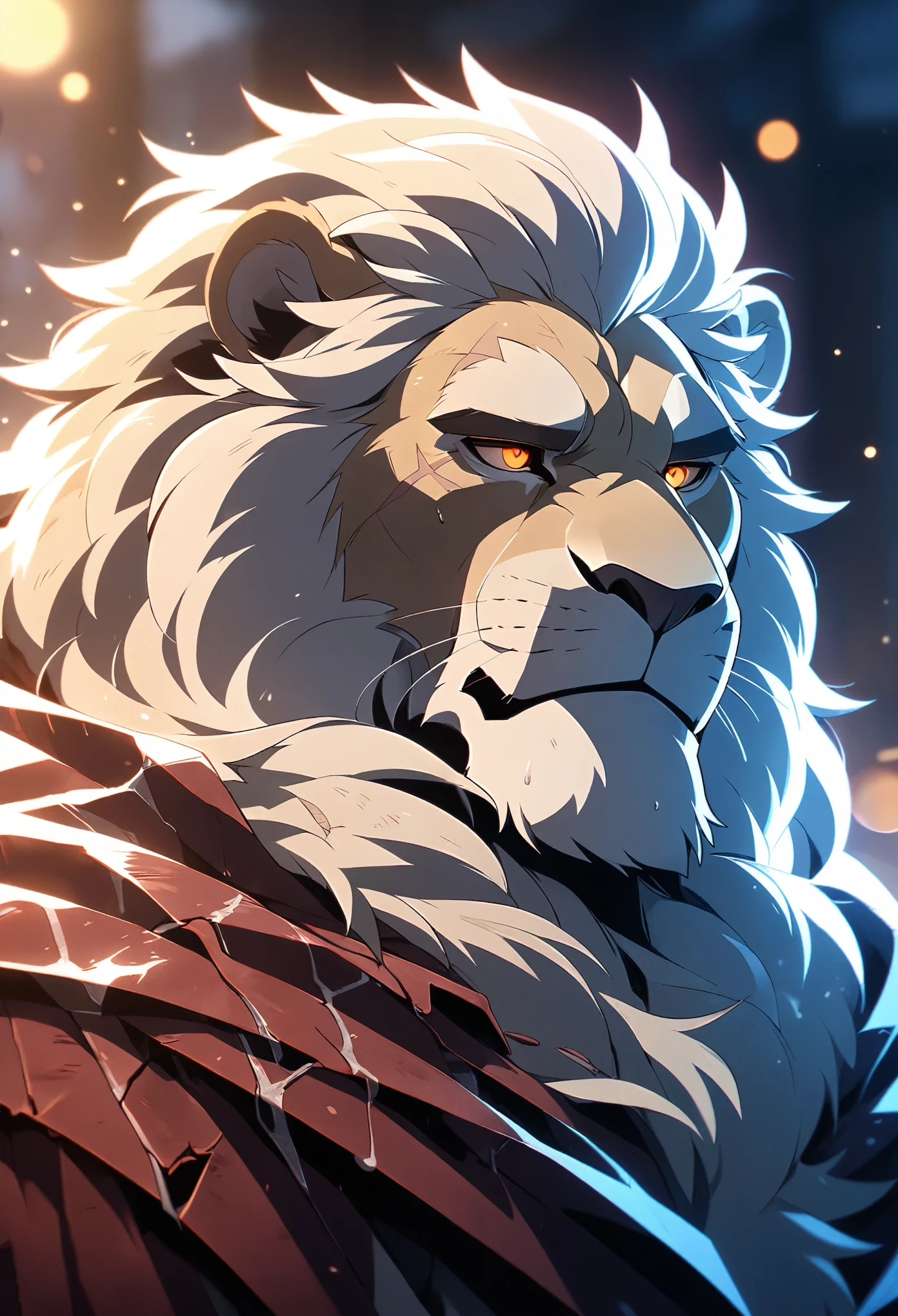 A commander, male,40 years old,Grandpa, solitary, ((Round Face, The face is plump,Orange eyes, scars)), ((Endomorph, Handsome,Hot Blood)), (broken armour,red cape, No electricity,exhaustion), ((domestic lion, white lion, commander lion) Fluffy fur, Fluffy), Bokeh, (high quality, high resolution, masterpiece), (Dynamic Lighting, Vibrant color), (Revitalize,harm,Disdain), Full body picture, cartoon, author:Takemoto Arashi, From zixiong, By Chunni, author:Empty Ghost,(background:Battlefield)(by bontiage:1), ultra-detailed, portrait, cinematic lighting, dramatic shadows, moody lighting, gritty, rugged, muscular, grease stained, dirty, mucky, greasy, rough, mature, intense expression, piercing gaze.