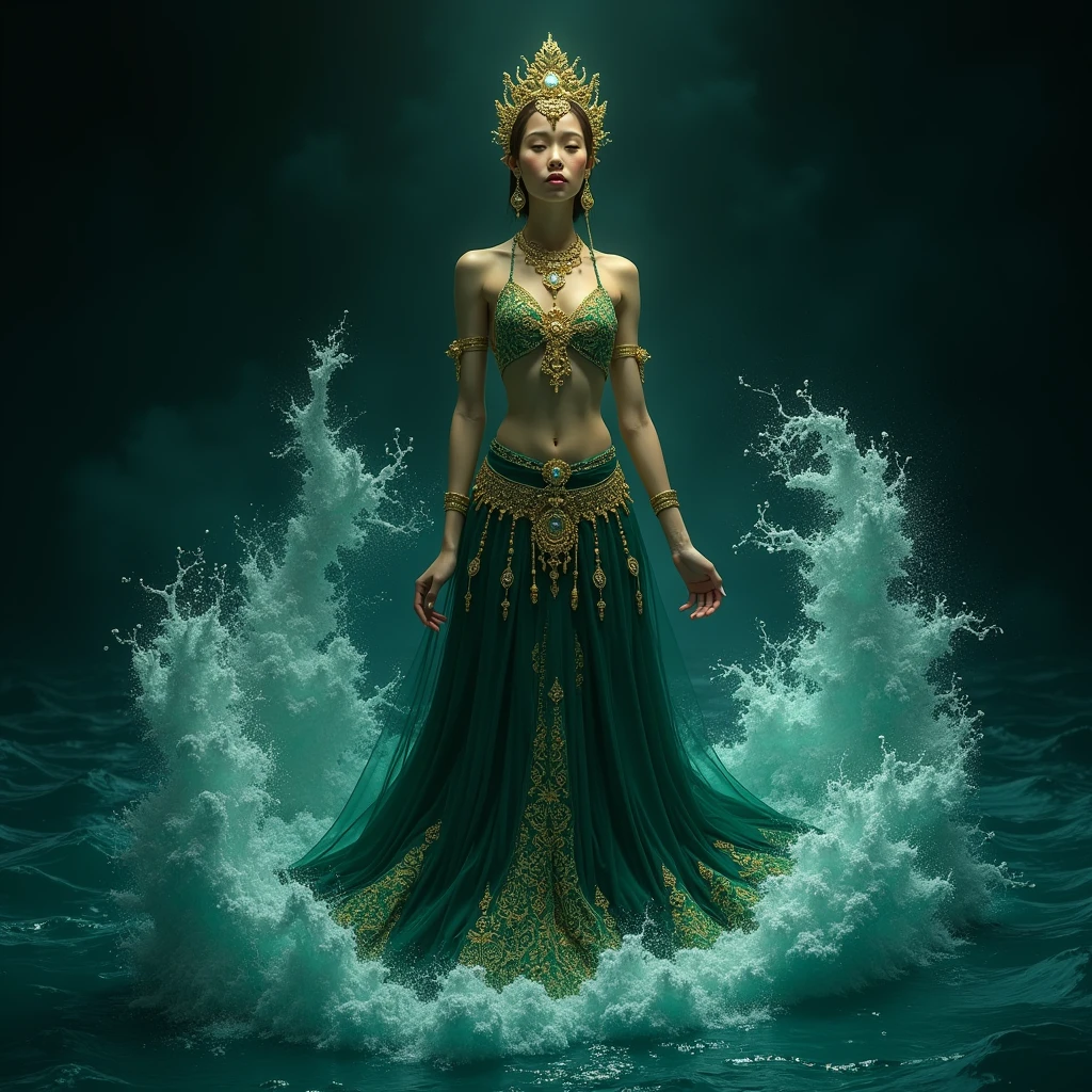 Nyai Roro Kidul in her emerald-green gown adorned with gold, South Beach Queen, portrait of a beautiful goddess, goddess of Southeast Asia, goddess of love and peace, beautiful goddess, a stunning portrait of a goddess, painting of beautiful, earth goddess mythology, goddess of nature, goddess art, Indonesian goddess of wealth, female goddess, fantasy woman, goddess of beauty, wearing a small gold crown with a crystal arrangement in the middle, dark green kemben (camisole) luxurious jewelry, dark green shawl and cloth skirt batik sarong, smooth green and white, standing on blue water with waves and with a dramatic effect, surrounded by whirlpools, creating a mystical atmosphere, fractal art, bright and shining in the center with a dark background, water manipulation, intricate details, hyperrealistic, throughout body, UHD, HD, hyperdetail, sexy, exotic, erotic